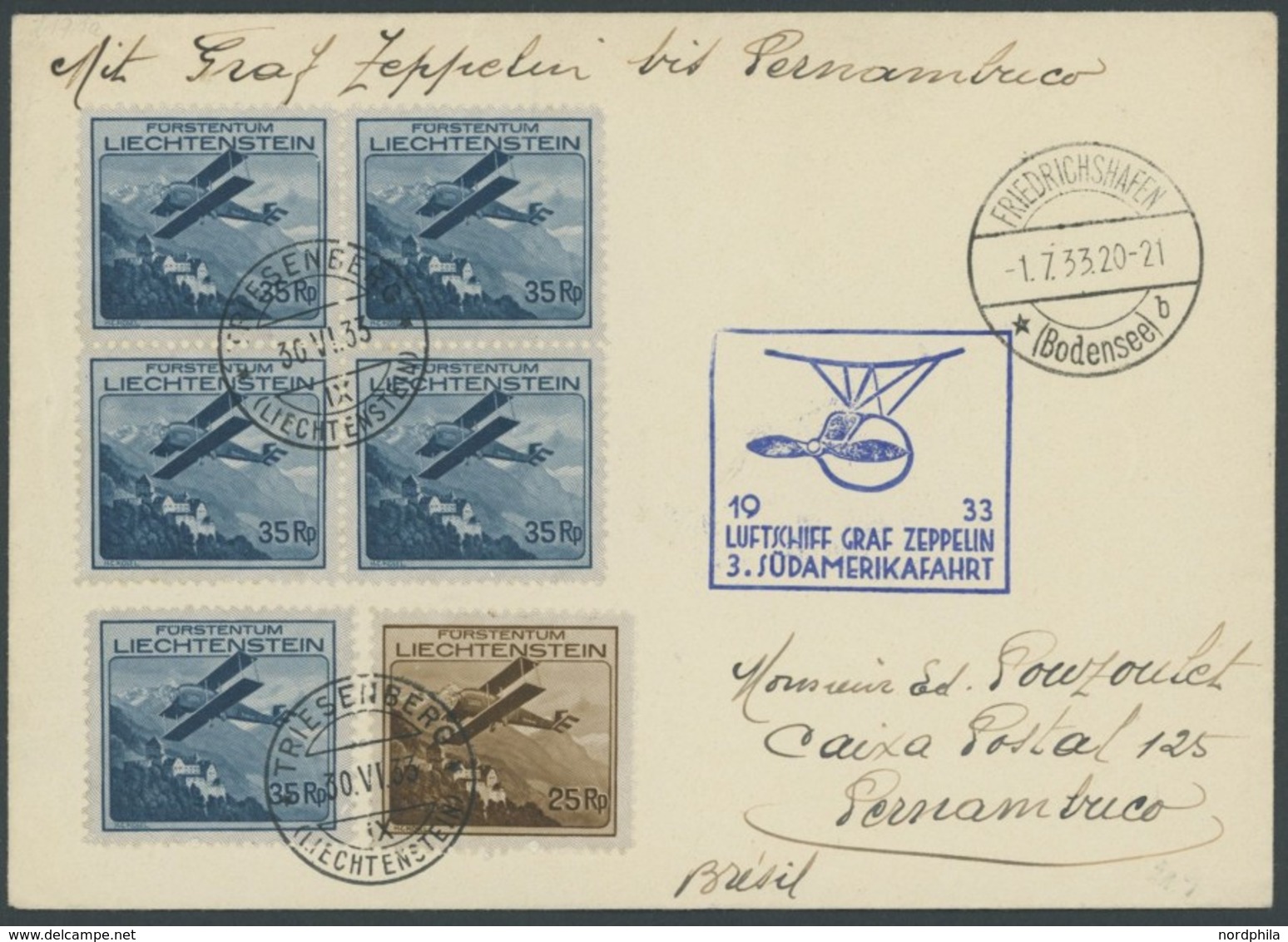 ZULEITUNGSPOST 219 BRIEF, Liechtenstein: 1933, 3. Südamerikafahrt, Frankiert U.a. Mit 5x Mi.Nr. 111 (Viererblock Und Ein - Airmail & Zeppelin