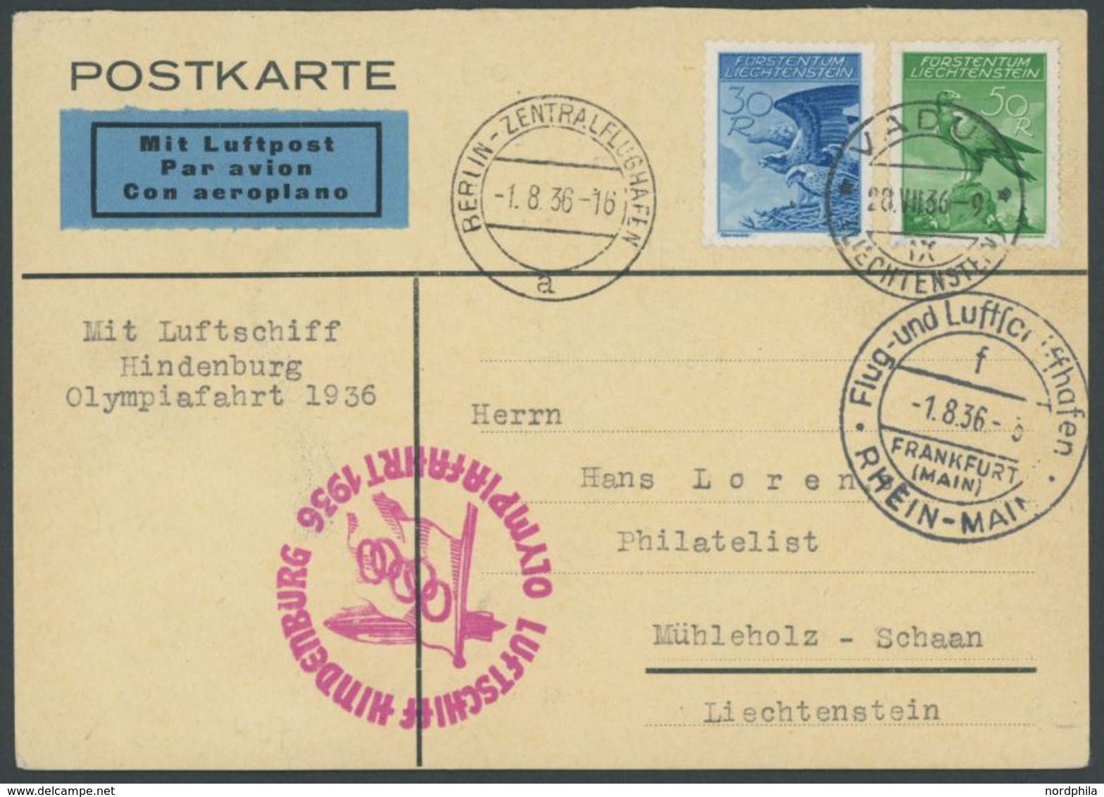 ZULEITUNGSPOST 427 BRIEF, Liechtenstein: 1936, Olympiafahrt, Prachtbrief - Airmail & Zeppelin