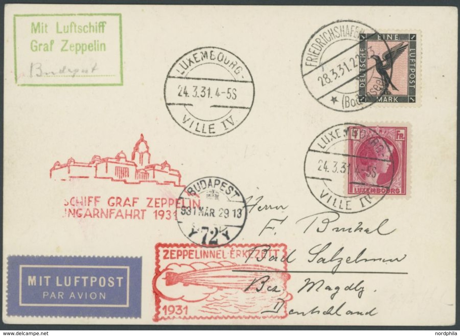 ZULEITUNGSPOST 101 BRIEF, Luxemburg: 1931, Ungarnfahrt, Prachtkarte - Airmail & Zeppelin