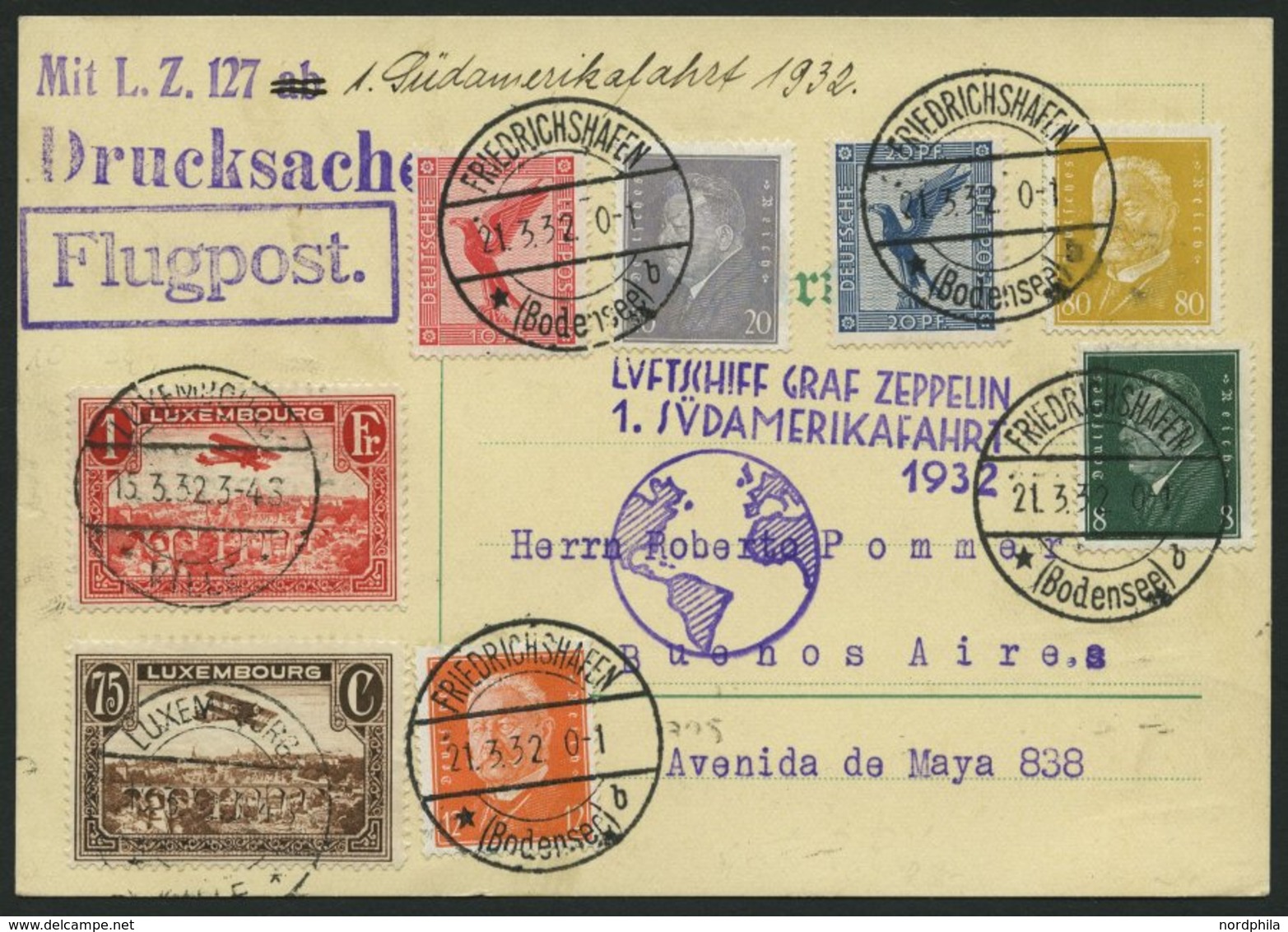 ZULEITUNGSPOST 138 BRIEF, Luxemburg: 1932, 1. Südamerikafahrt, Drucksachenkarte, Pracht - Airmail & Zeppelin