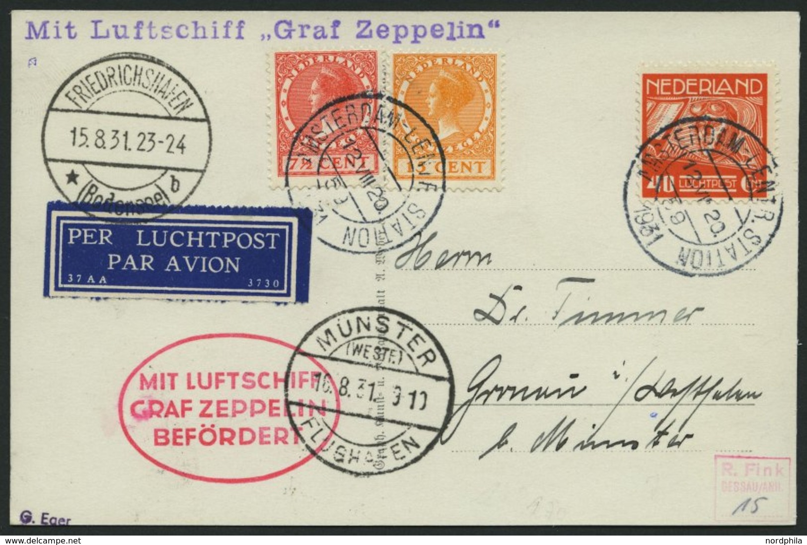 ZULEITUNGSPOST 121 BRIEF, Niederlande: 1931, Fahrt Nach Münster, Prachtkarte - Airmail & Zeppelin