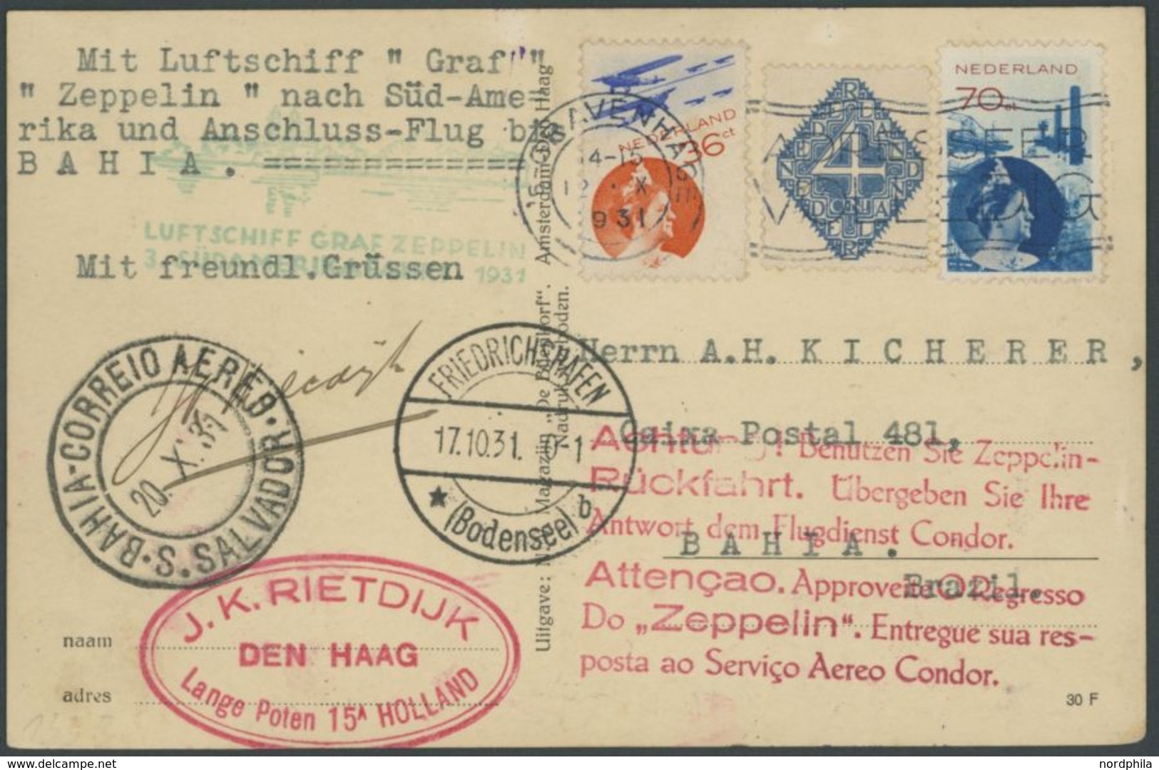 ZULEITUNGSPOST 133Ba BRIEF, Niederlande: 1931, 3. Südamerikafahrt, Mit Rotem Werbestempel, Prachtkarte - Airmail & Zeppelin