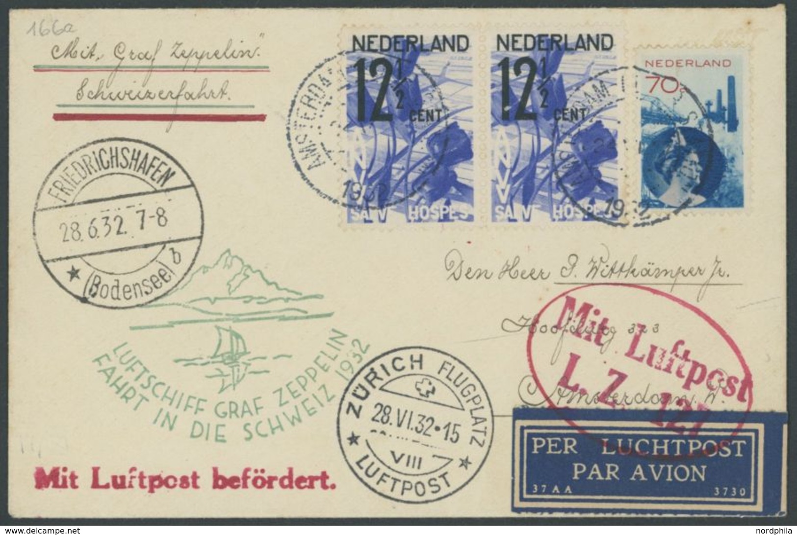 ZULEITUNGSPOST 166a BRIEF, Niederlande: 1932, Schweizfahrt, Abwurf Zürich, Prachtbrief, Nur 17 Briefe Bekannt! - Airmail & Zeppelin