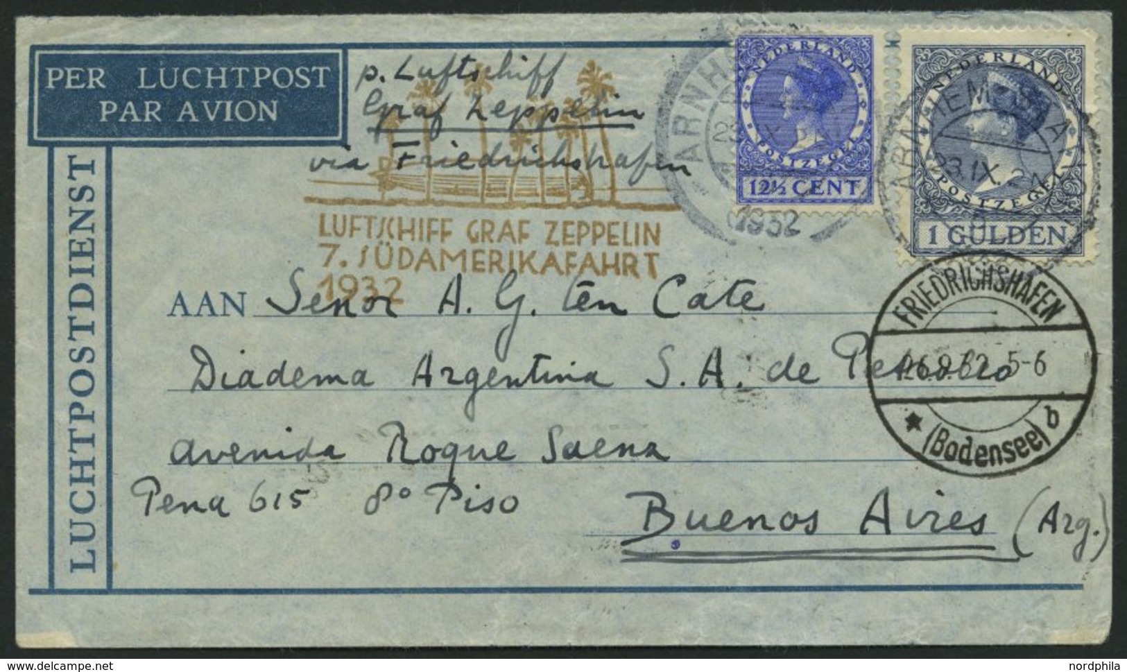 ZULEITUNGSPOST 183 BRIEF, Niederlande: 1932, 7. Südamerikafahrt, Bedarfsbrief, Pracht - Airmail & Zeppelin