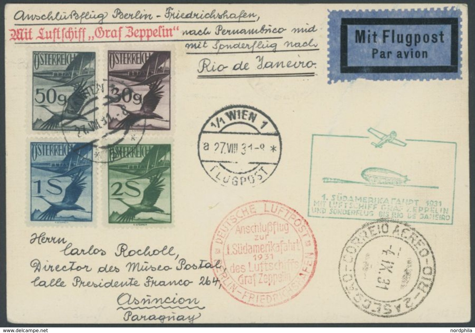 ZULEITUNGSPOST 124Dc BRIEF, Österreich: 1931, 1. Südamerikafahrt, Anschlussflug Ab Berlin, über Rio De Janeiro Nach Para - Airmail & Zeppelin