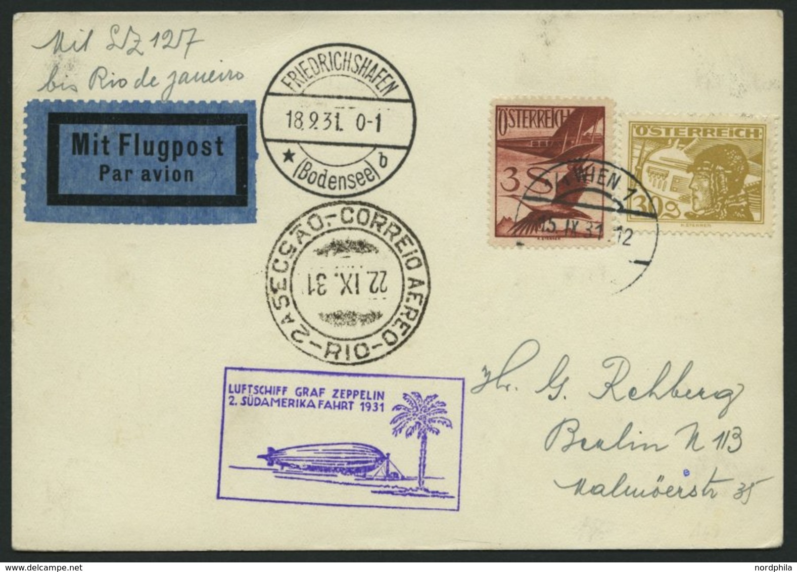 ZULEITUNGSPOST 129Ba BRIEF, Österreich: 1931, 2. Südamerikafahrt, Auflieferung Fr`hafen Bis Brasilien, Prachtkarte - Airmail & Zeppelin