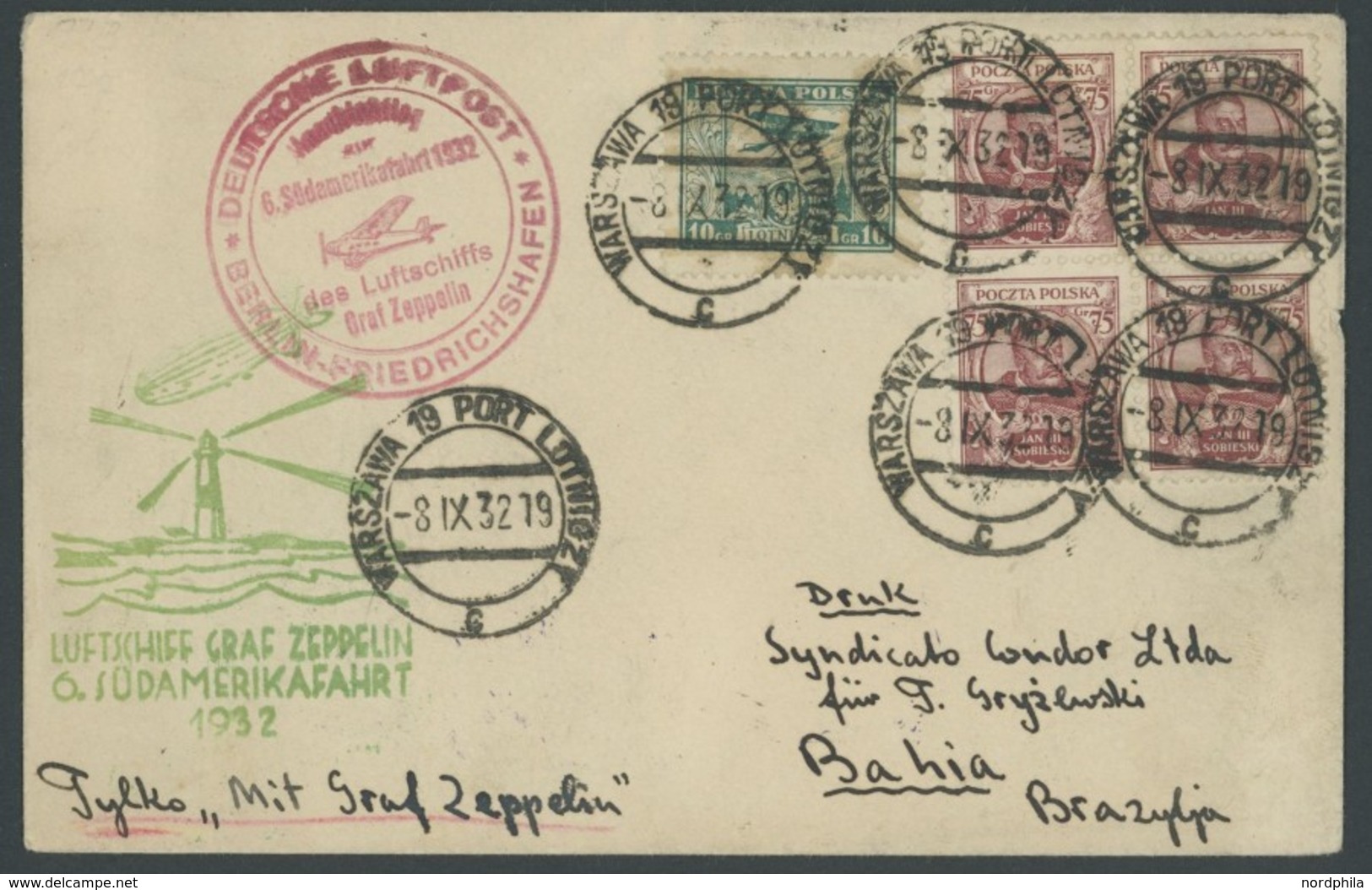 ZULEITUNGSPOST 177B BRIEF, Polen: 1932, 6. Südamerikafahrt, Anschlußflug Ab Berlin, Prachtbrief - Airmail & Zeppelin
