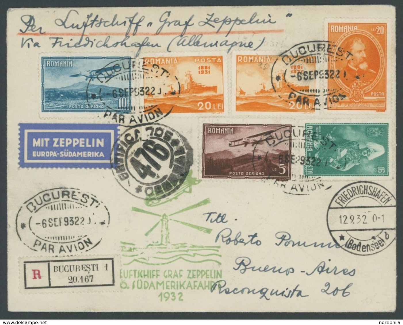 ZULEITUNGSPOST 177 BRIEF, Rumänien: 1932, 6. Südamerikafahrt, Einschreibbrief, Pracht - Airmail & Zeppelin