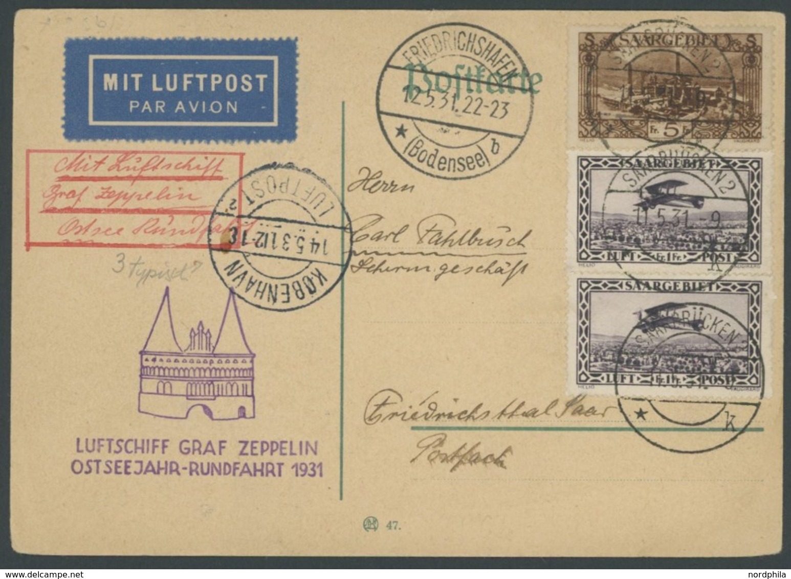ZULEITUNGSPOST 108Cb BRIEF, Saargebiet: 1931, Ostseejahr-Rundfahrt, Abwurf Kopenhagen, Karte Feinst - Airmail & Zeppelin