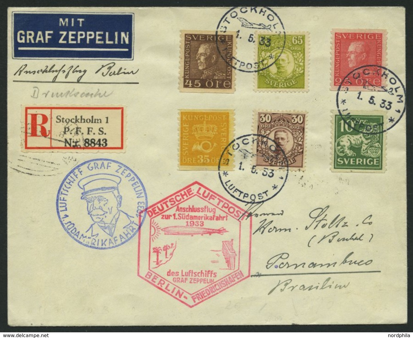 ZULEITUNGSPOST 202B BRIEF, Schweden: 1933, 1. Südamerikafahrt, Anschlußflug Ab Berlin, Einschreibbrief, Pracht - Airmail & Zeppelin
