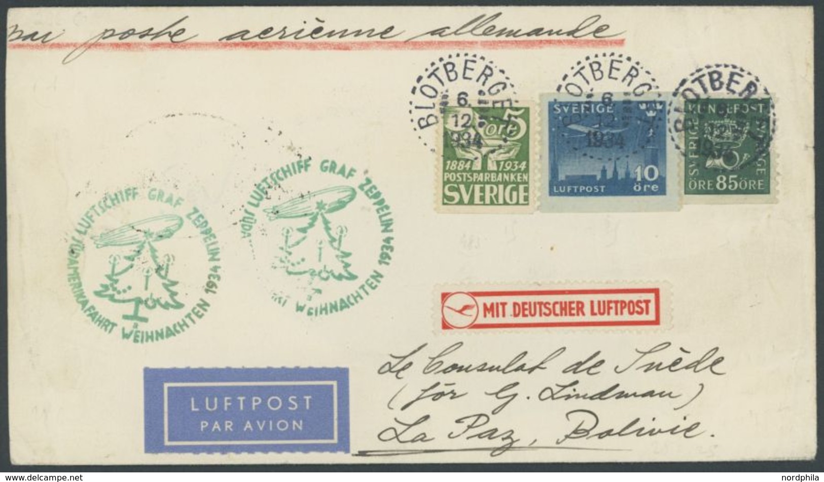 ZULEITUNGSPOST 286 BRIEF, Schweden: 1934, Weihnachtsfahrt, Prachtbrief - Airmail & Zeppelin