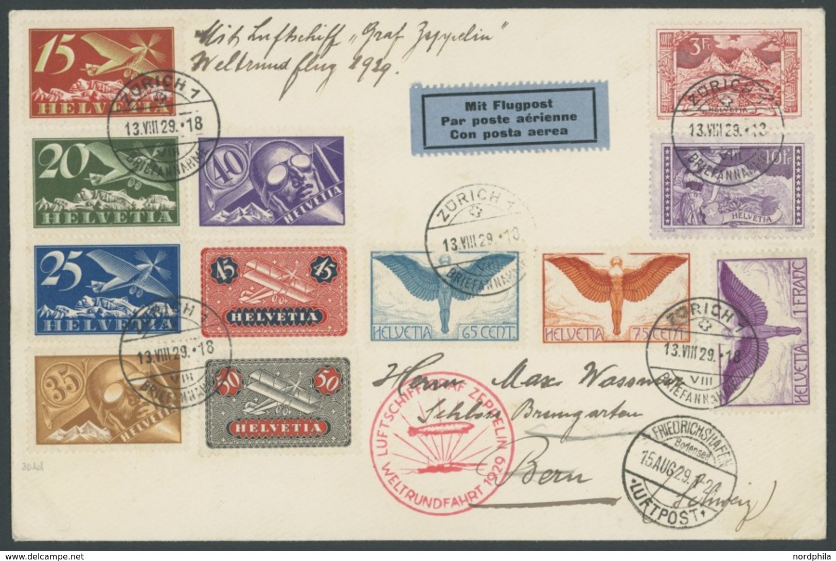 ZULEITUNGSPOST 30Ad BRIEF, Schweiz: 1929, Weltrundfahrt, Friedrichshafen-Friedrichshafen, Gute Frankatur!, Prachtbrief - Airmail & Zeppelin