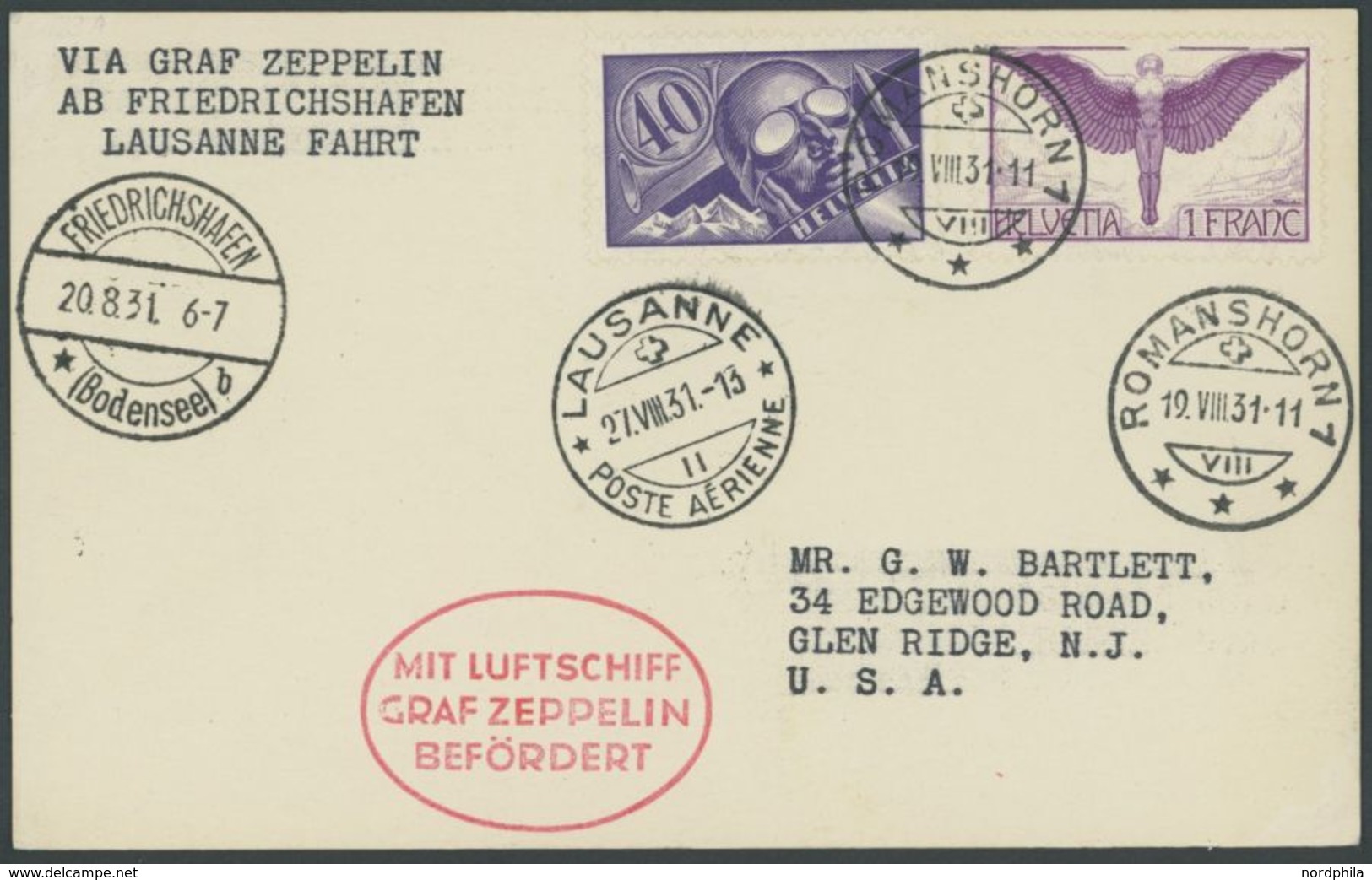 ZULEITUNGSPOST 123A BRIEF, Schweiz: 1931, Fahrt Nach Lausanne, Prachtkarte In Die USA - Airmail & Zeppelin