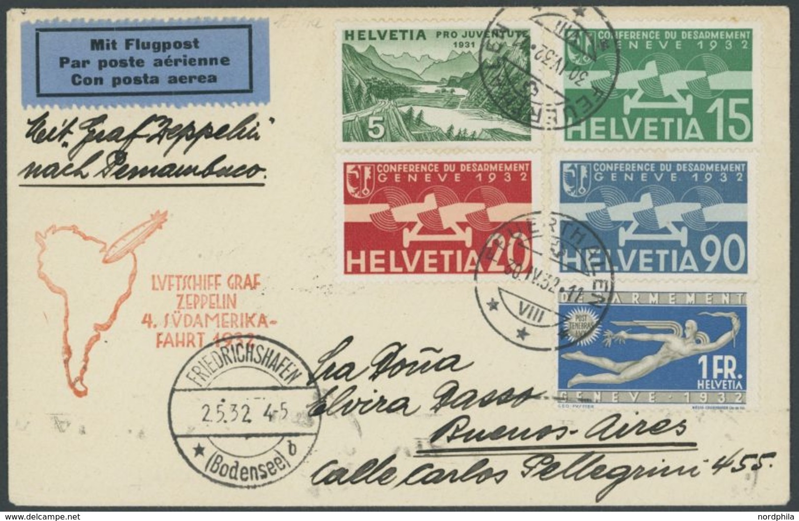 ZULEITUNGSPOST 157 BRIEF, Schweiz: 1932, 4. Südamerikafahrt, Privatbrief Ab Feuerthalen, Pracht - Airmail & Zeppelin