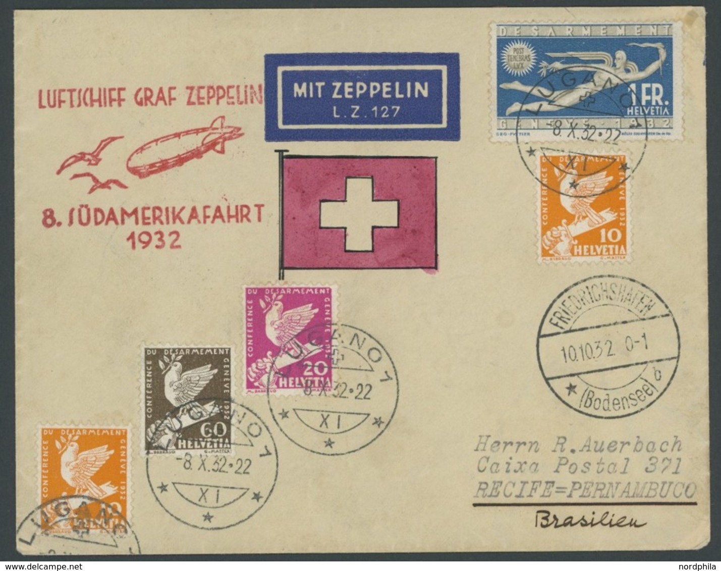 ZULEITUNGSPOST 189 BRIEF, Schweiz: 1932, 8. Südamerikafahrt, Seltene Postaufgabe LUGANO, Brief Leichte Bedarfsmängel - Airmail & Zeppelin