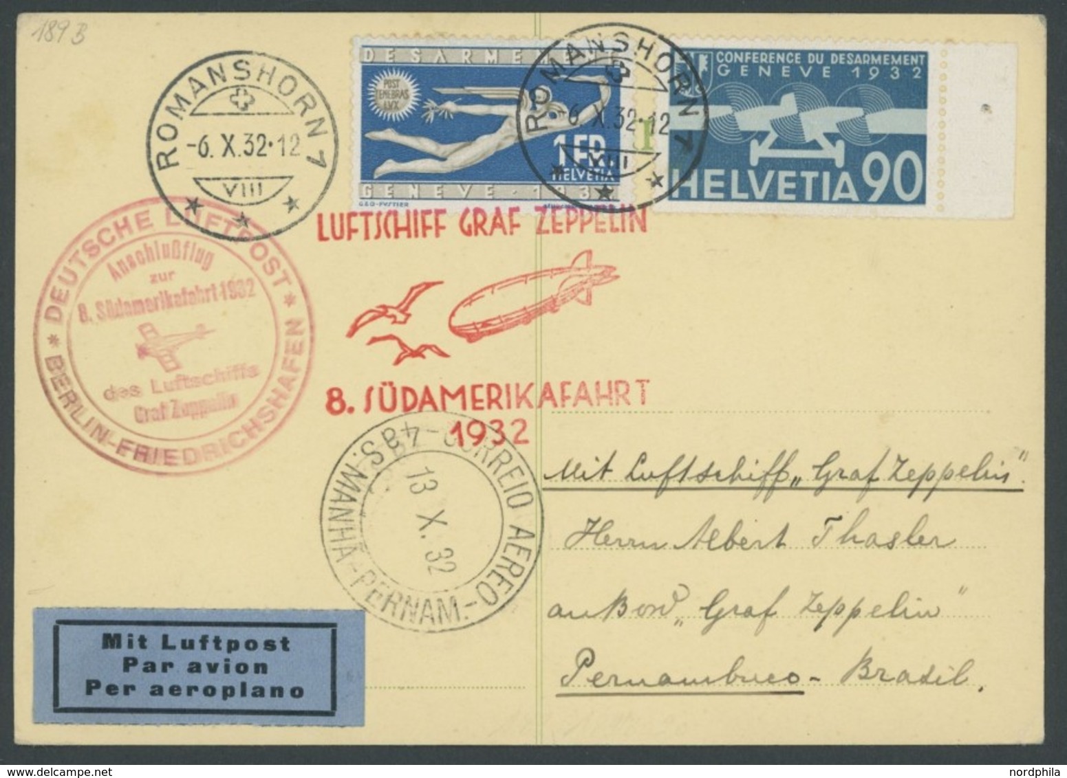 ZULEITUNGSPOST 189B BRIEF, Schweiz: 1932, 8. Südamerikafahrt, Anschlussflug Ab Berlin, Prachtkarte, R! - Airmail & Zeppelin