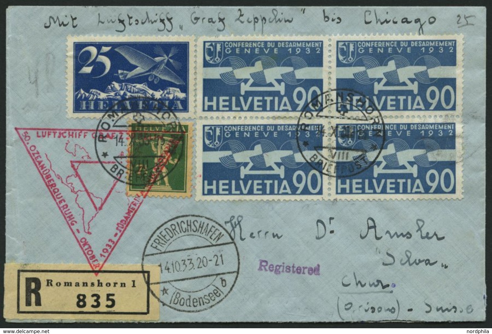 ZULEITUNGSPOST 238Bc BRIEF, Schweiz: 1933, Chicagofahrt, Bis Chicago, Einschreibbrief, Pracht - Airmail & Zeppelin