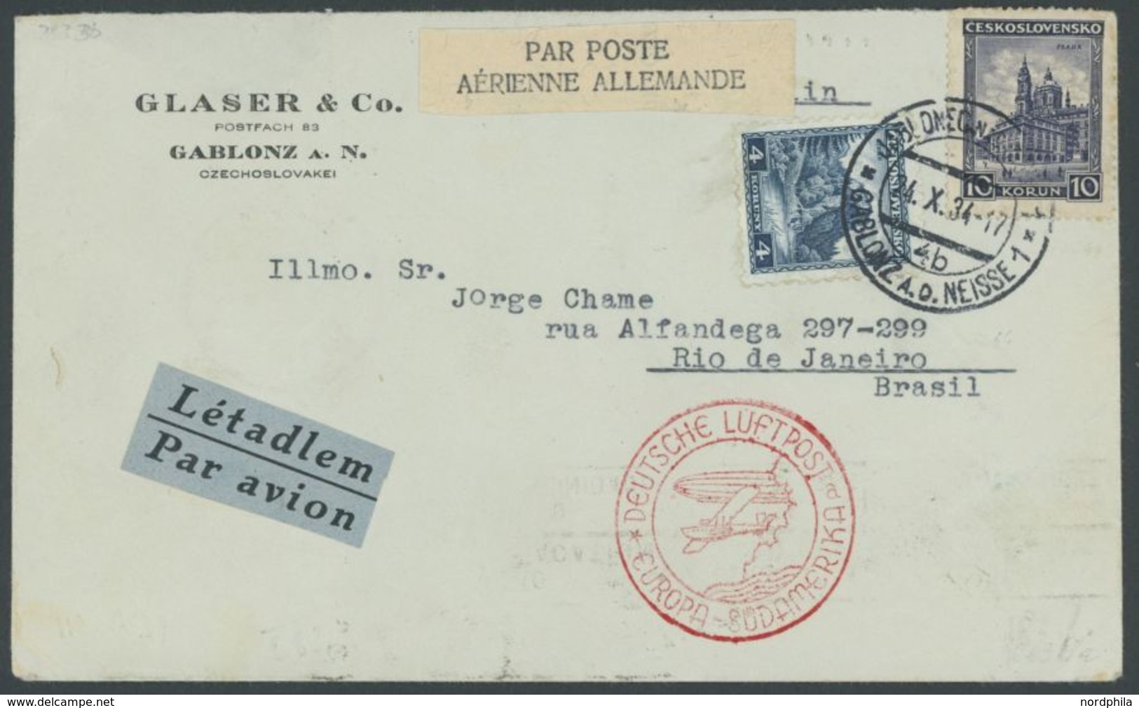 ZULEITUNGSPOST 283b BRIEF, Tschechoslowakei: 1934, 11. Südamerikafahrt, Gablonz - Berlin - Friedrichshafen - Rio De Jane - Airmail & Zeppelin