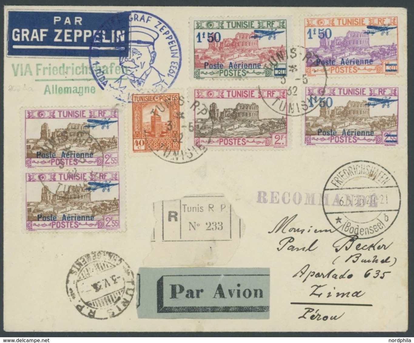 ZULEITUNGSPOST 202 BRIEF, Tunesien: 1933, Deutschlandfahrt, Einschreibbrief Nach Lima/Peru, Pracht - Airmail & Zeppelin