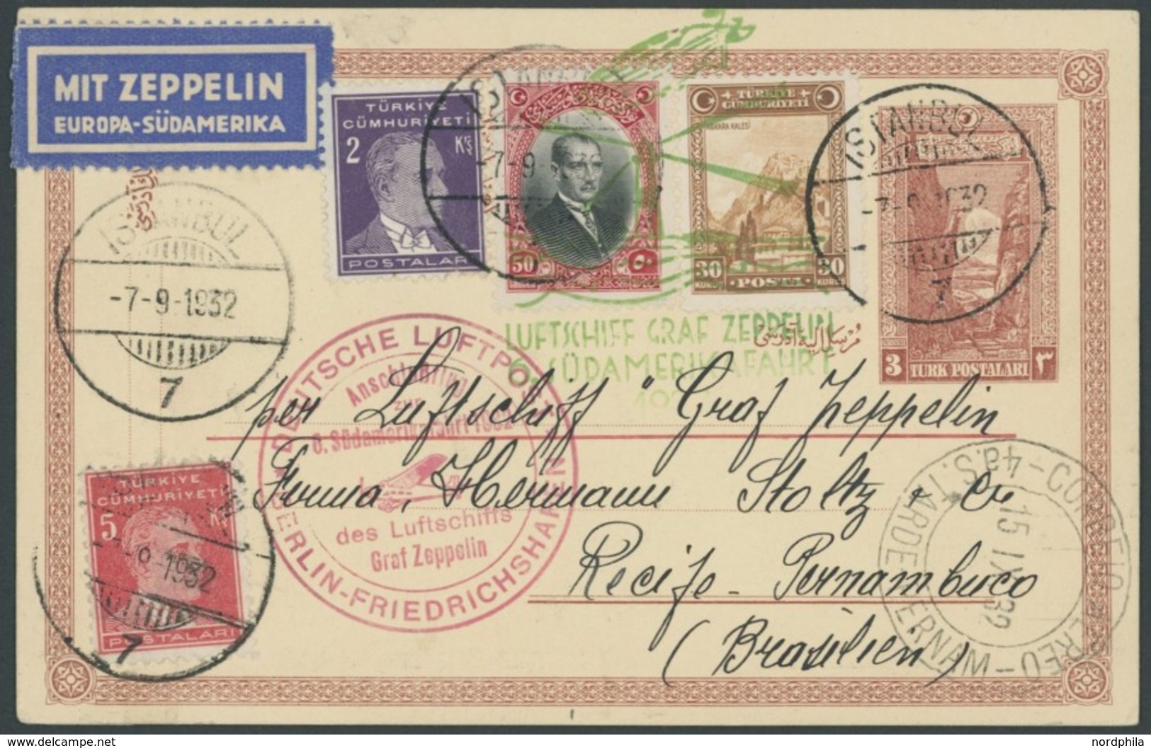 ZULEITUNGSPOST 177B BRIEF, Türkei: 1932. 6. Südamerikafahrt, Anschlussflug Ab Berlin, Karte Vorderseitig Pracht - Airmail & Zeppelin