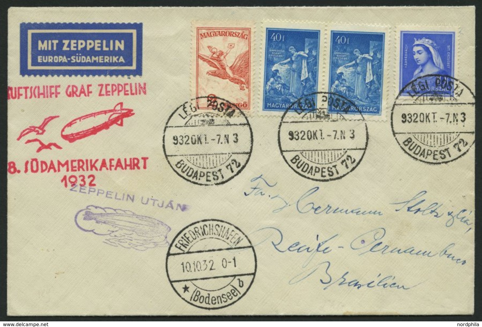 ZULEITUNGSPOST 189 BRIEF, Ungarn: 1932, 8. Südamerikafahrt, Prachtbrief - Airmail & Zeppelin