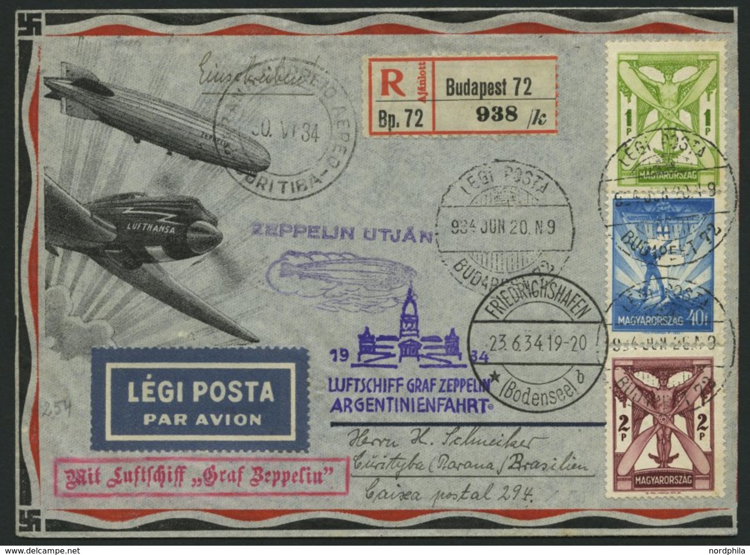 ZULEITUNGSPOST 254 BRIEF, Ungarn: 1934, 3. Südamerikafahrt, Einschreibbrief, Pracht - Airmail & Zeppelin