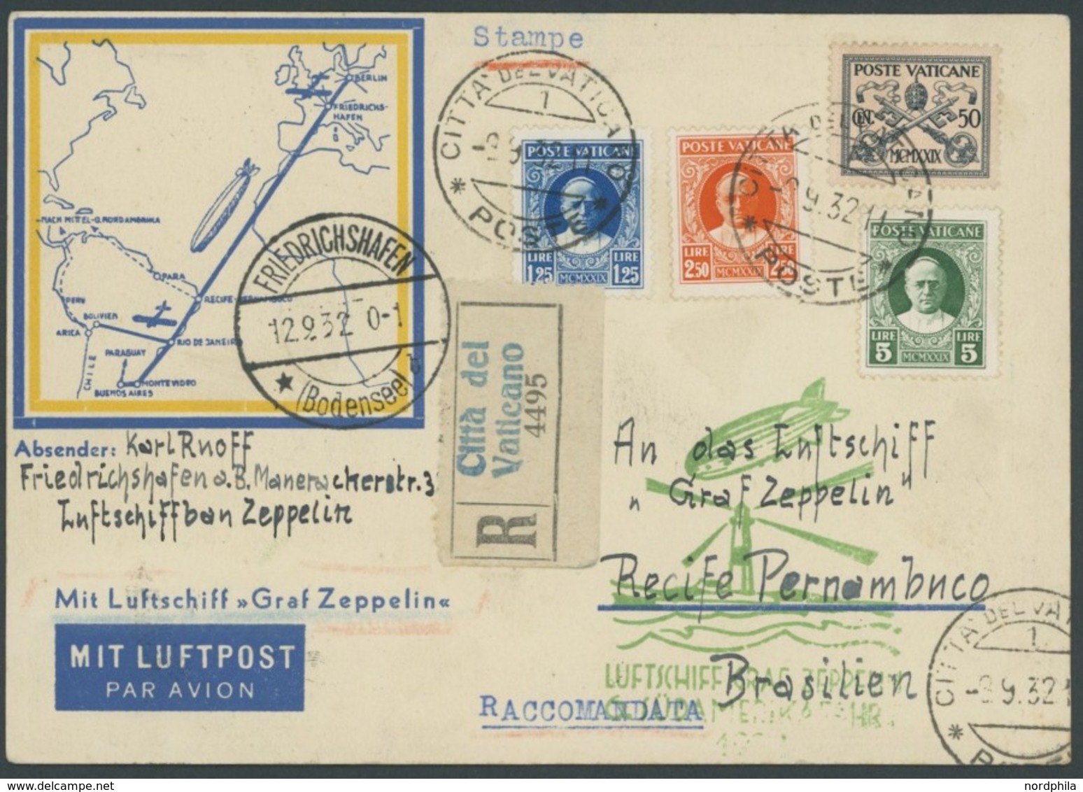 ZULEITUNGSPOST 177 BRIEF, Vatikan: 1932, 6. Südamerikafahrt, Einschreibkarte, Pracht - Airmail & Zeppelin