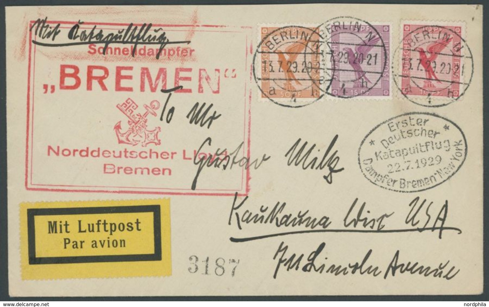KATAPULTPOST 1a BRIEF, 22.7.1929, Bremen - New York, Landpostaufgabe, Prachtbrief - Correo Aéreo & Zeppelin