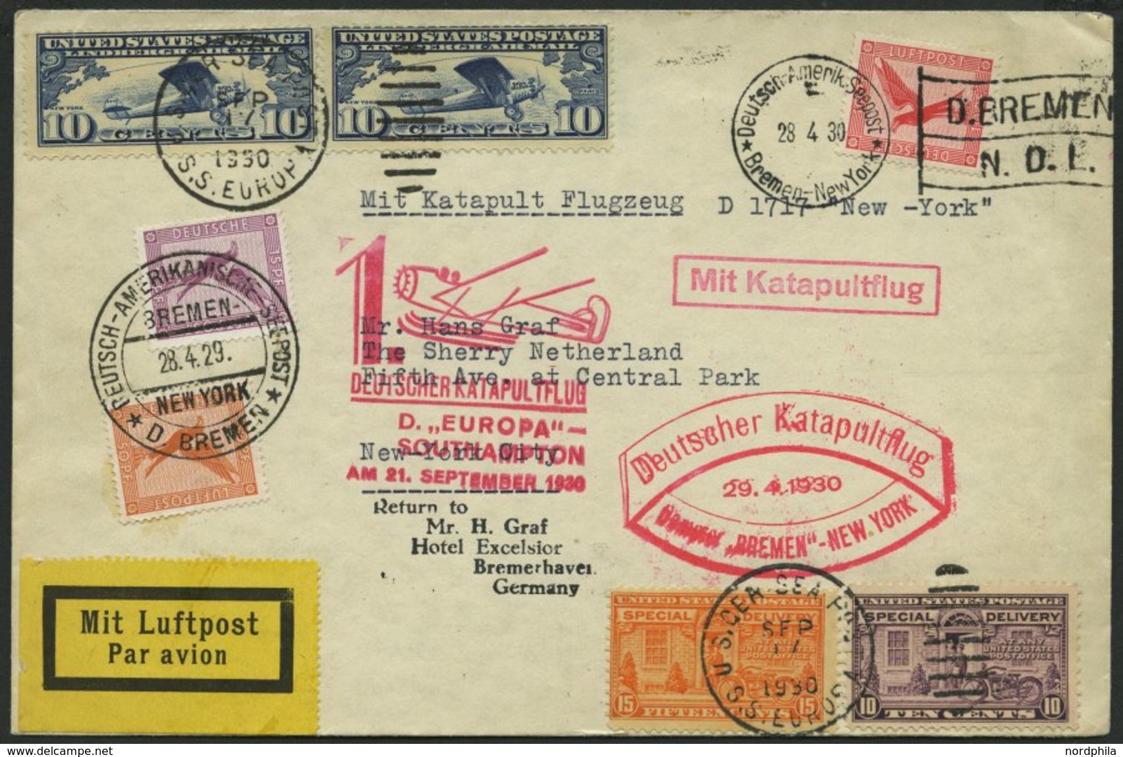 KATAPULTPOST 10b,32b BRIEF, 29.4.1930, Bremen - New York, Seepostaufgabe Und Rückflug Europa - Southampton, US-Seepostau - Airmail & Zeppelin