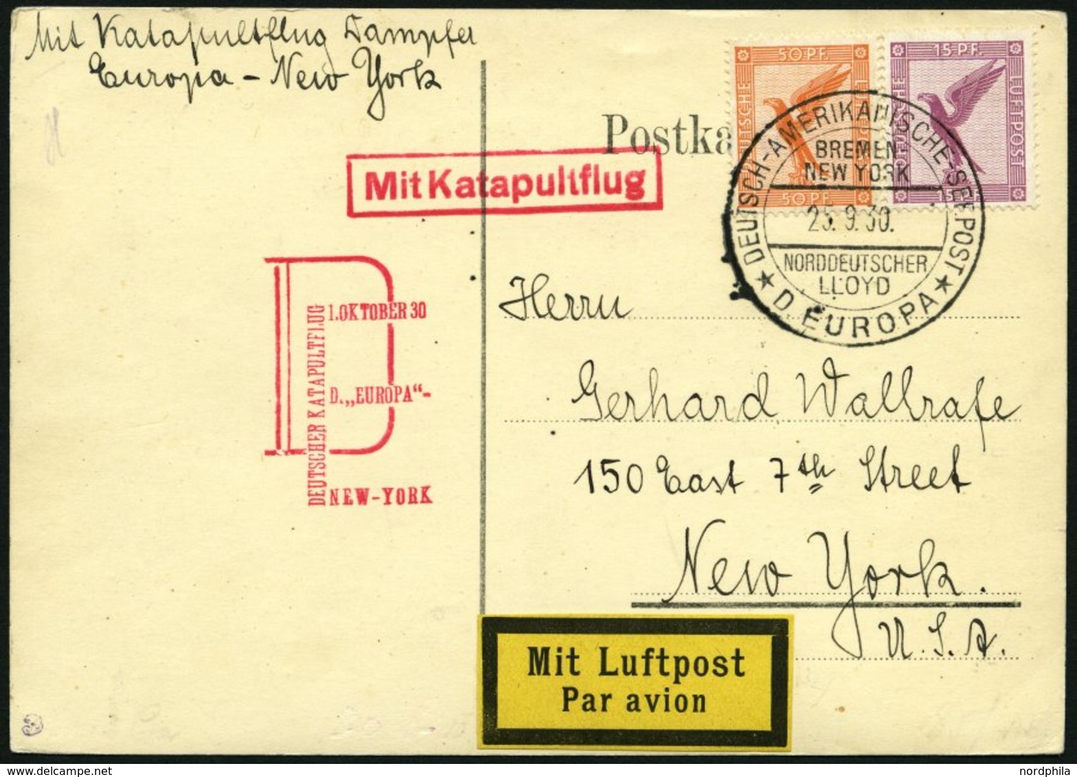 KATAPULTPOST 35b BRIEF, 1.10.1930, &quot,Europa&quot, - New York, Seepostaufgabe, Prachtkarte - Airmail & Zeppelin