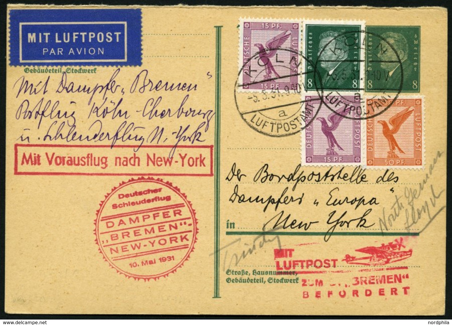 KATAPULTPOST 40c BRIEF, 10.5.1931, Bremen - New York, Nachbringe- Und Schleuderflug, Auf 8 Pf. Ebert - Ganzsachenkarte M - Correo Aéreo & Zeppelin