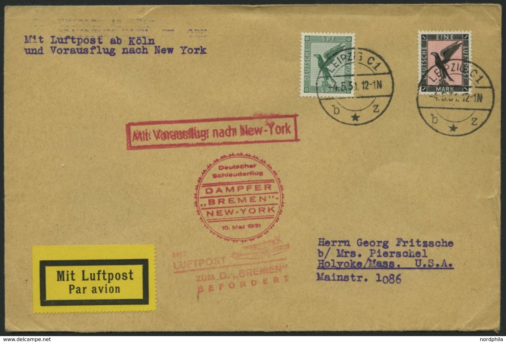 KATAPULTPOST 40c BRIEF, 10.5.1931, Bremen - New York, Nachbringe- Und Schleuderflug, Prachtbrief - Airmail & Zeppelin