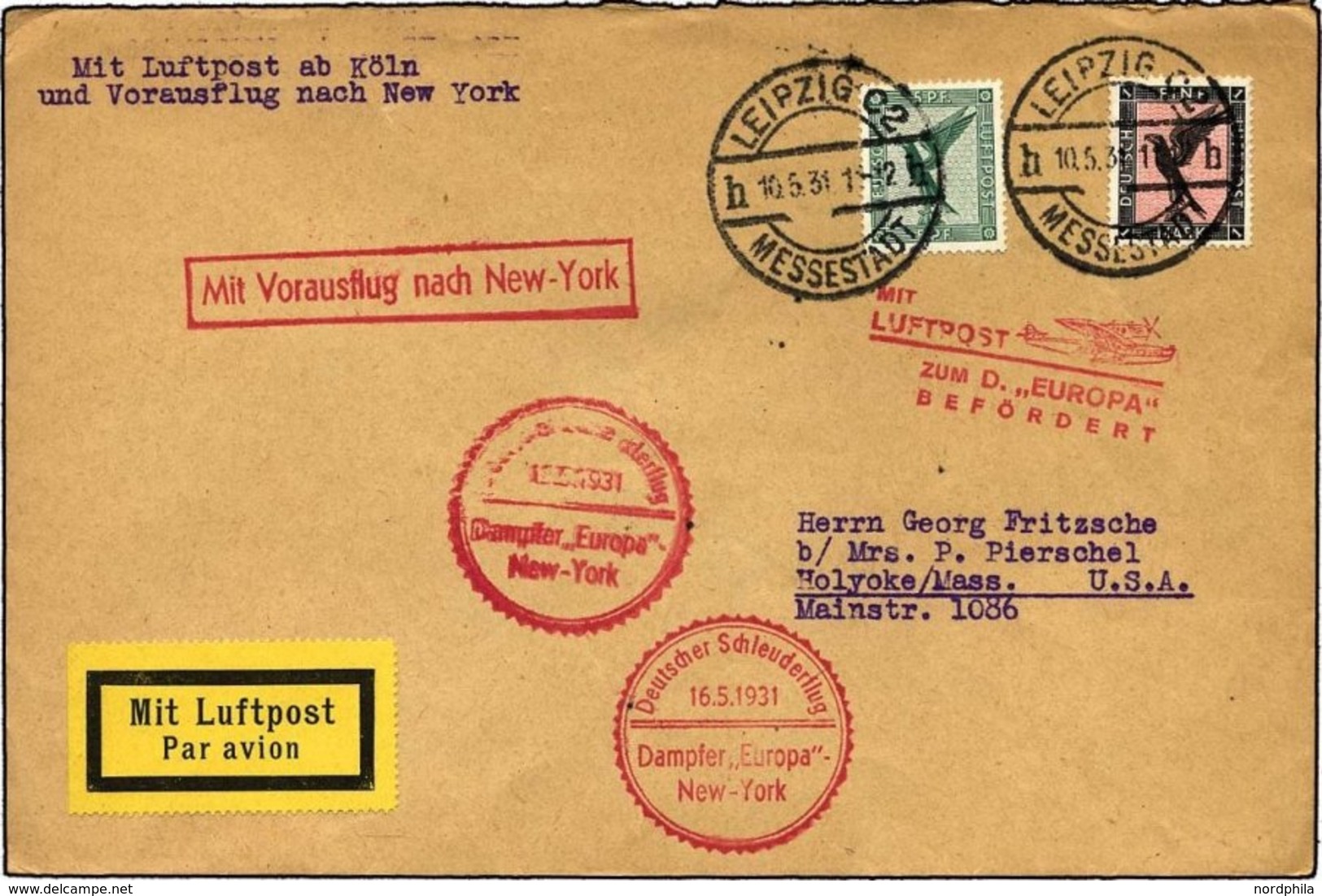 KATAPULTPOST 41c BRIEF, 16.5.1931, Europa - New York, Nachbringe- Und Schleuderflug, Prachtbrief - Poste Aérienne & Zeppelin