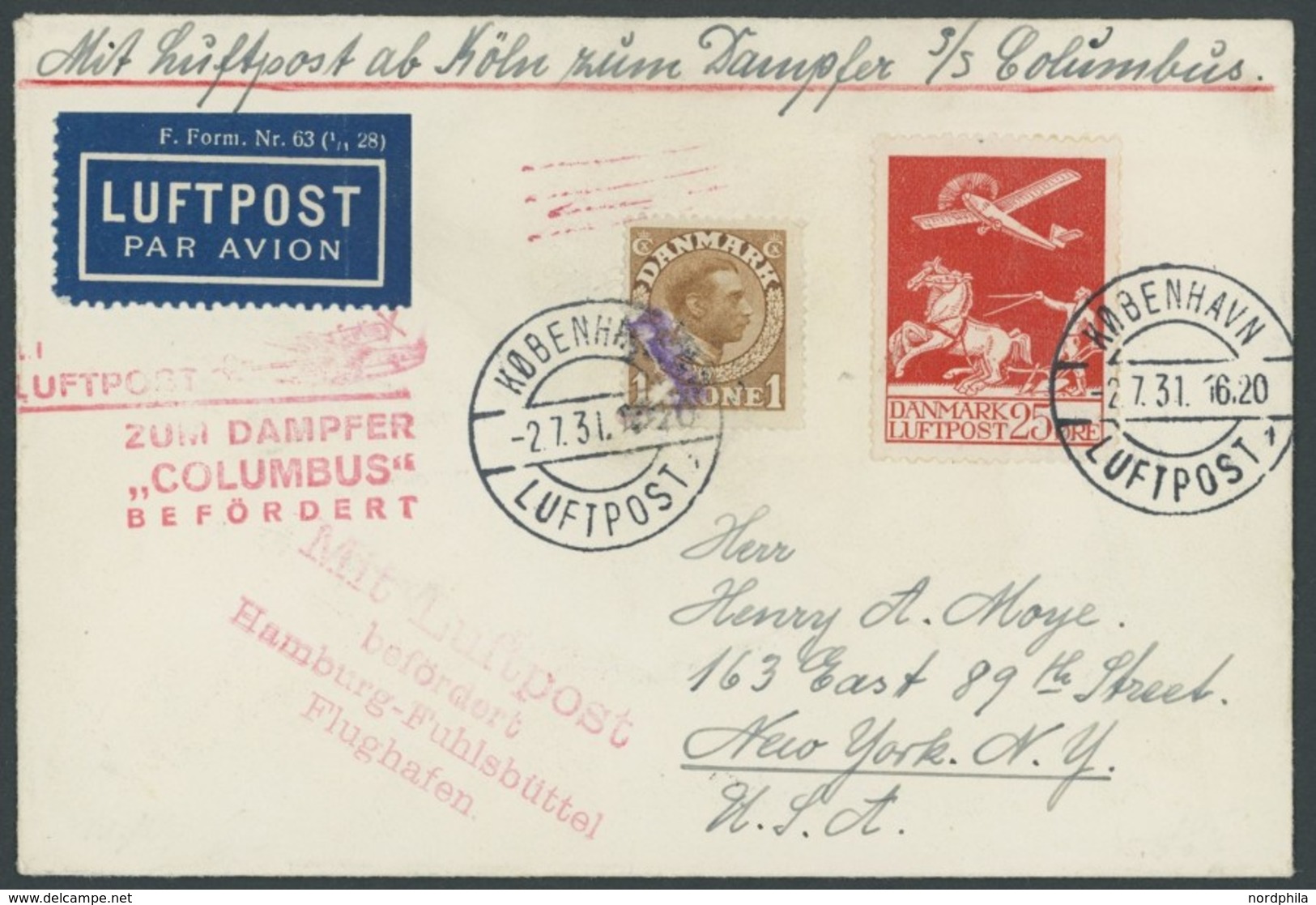 KATAPULTPOST Dk BRIEF, Dänemark: 2.7.1931, Zubringerbrief Von Kopenhagen über Flughafen Hamburg-Fuhlsbüttel Zum Dampfer  - Airmail & Zeppelin