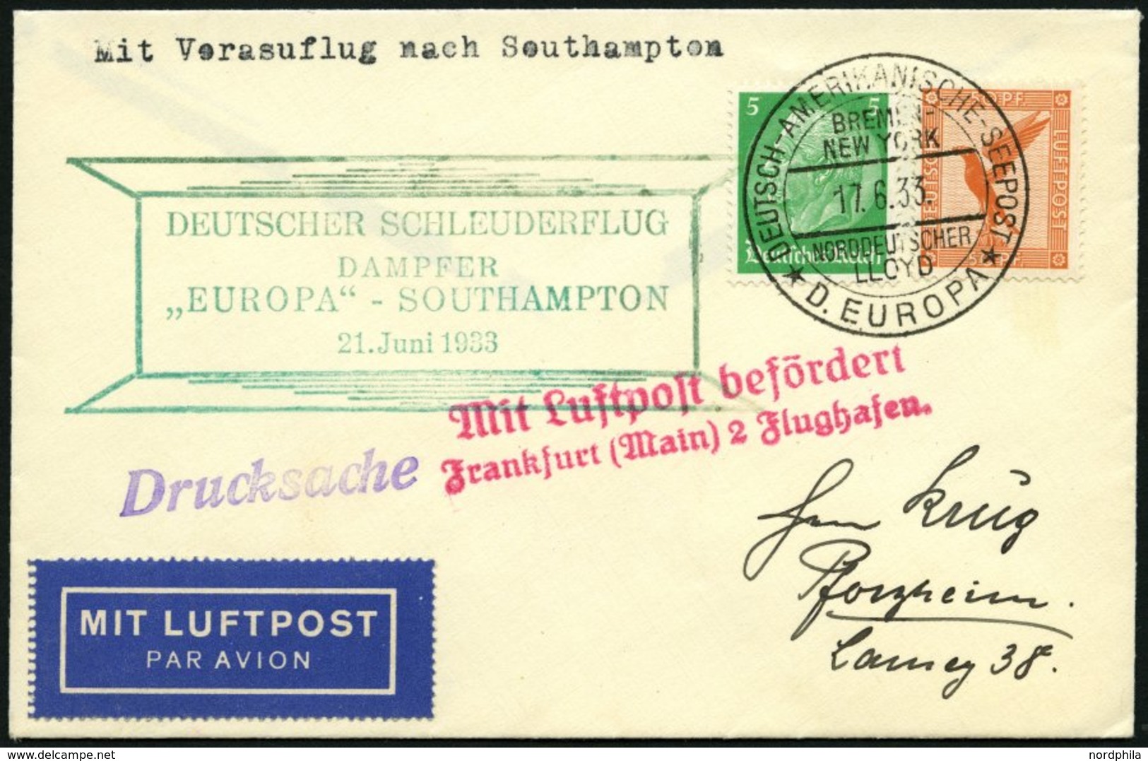 KATAPULTPOST 122c BRIEF, 21.6.1933, &quot,Europa&quot, - Southampton, Deutsche Seepostaufgabe, Drucksache, Prachtbrief - Correo Aéreo & Zeppelin