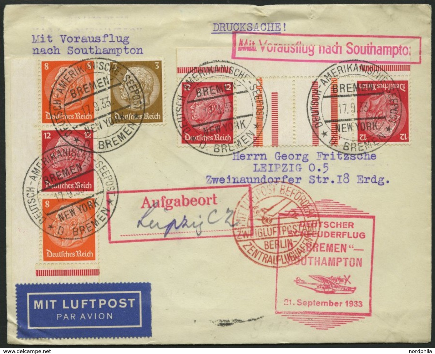 KATAPULTPOST 144c BRIEF, 21.9.1933, Bremen - Southampton, Deutsche Seepostaufgabe, Frankiert Mit S 113 Und KZ 19, Drucks - Airmail & Zeppelin