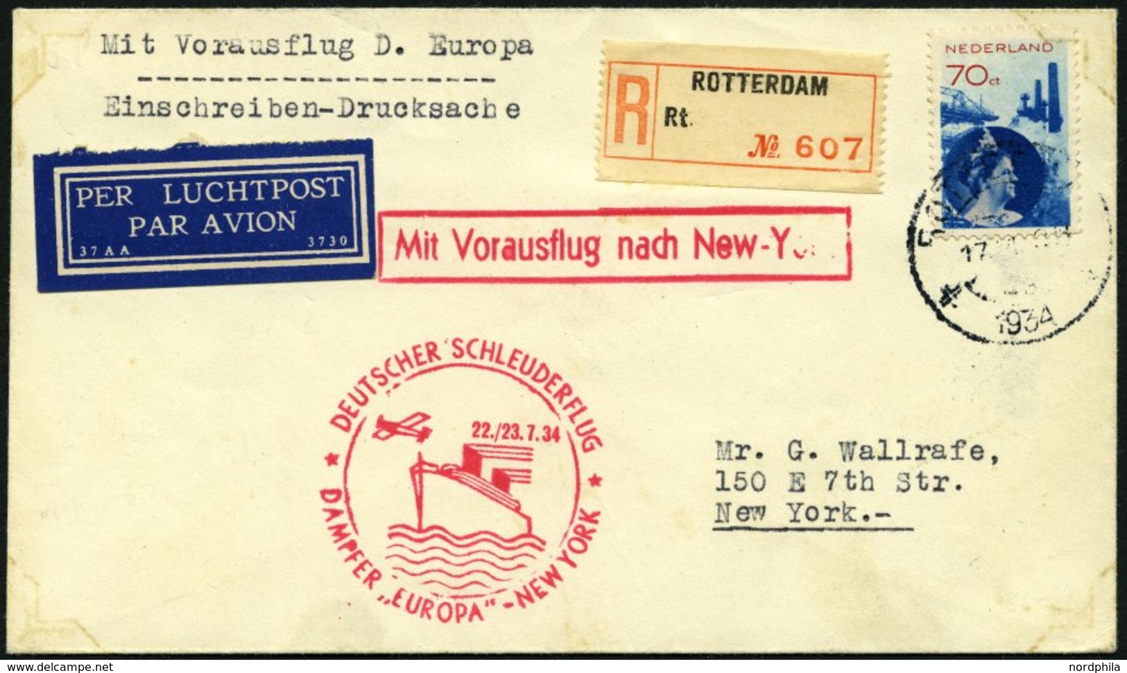 KATAPULTPOST 167Nl BRIEF, Niederlande: 22.7.1934, &quot,Europa&quot, - New York, Einschreib-Drucksache, Brief Feinst, RR - Airmail & Zeppelin