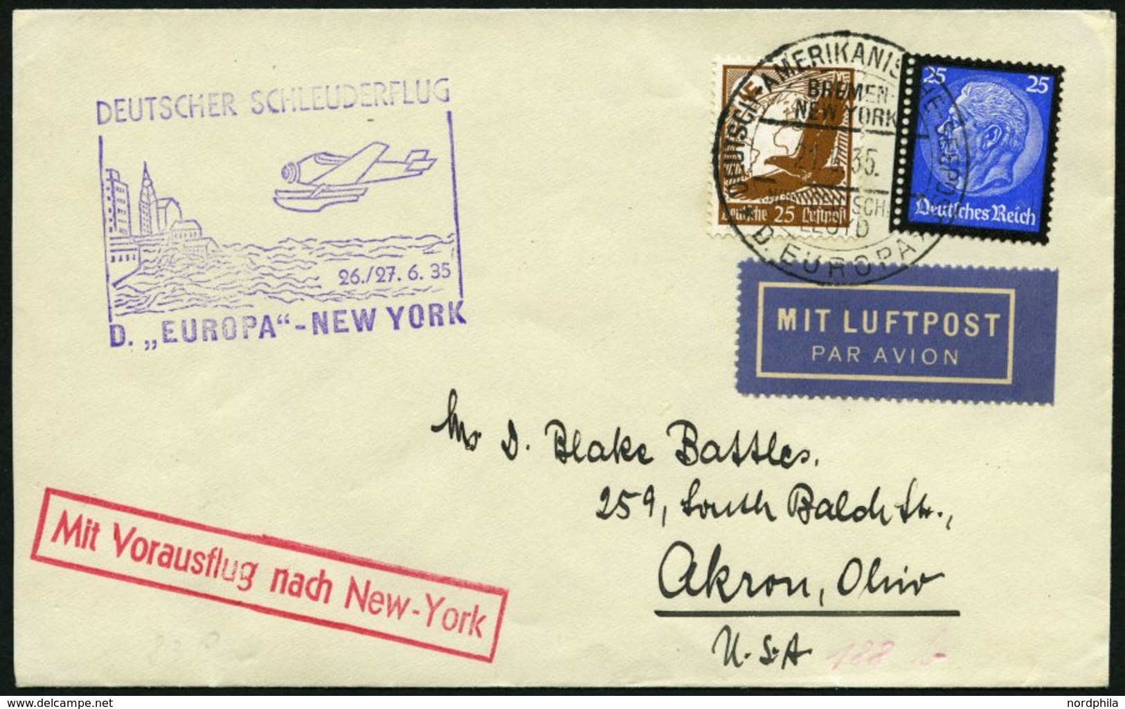 KATAPULTPOST 195b BRIEF, 26.6.1935, &quot,Europa&quot, - New York, Seepostaufgabe, Prachtbrief - Correo Aéreo & Zeppelin
