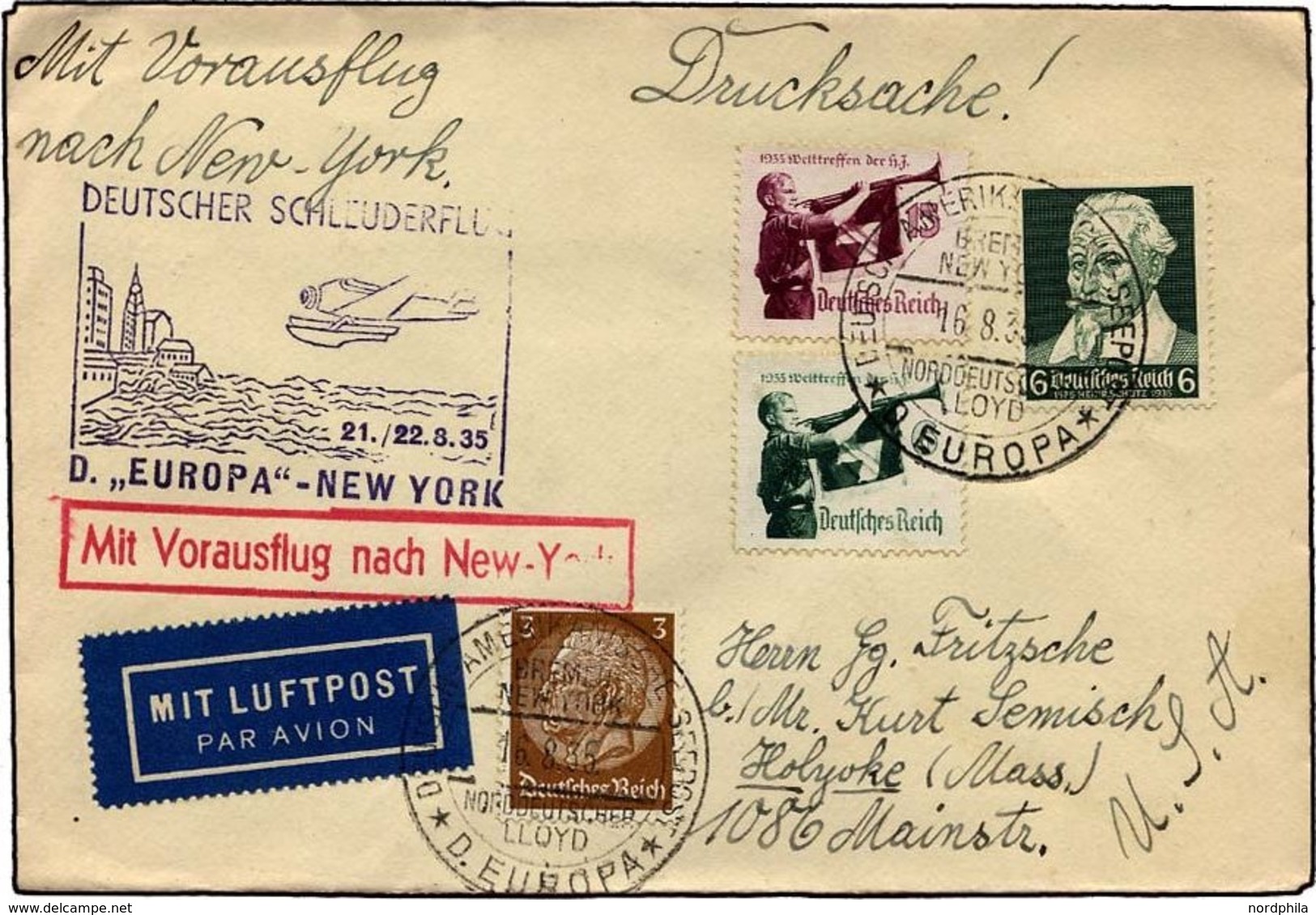 KATAPULTPOST 207b BRIEF, 21.8.1935, Europa - New York, Seepostaufgabe, Drucksache, Pracht - Correo Aéreo & Zeppelin