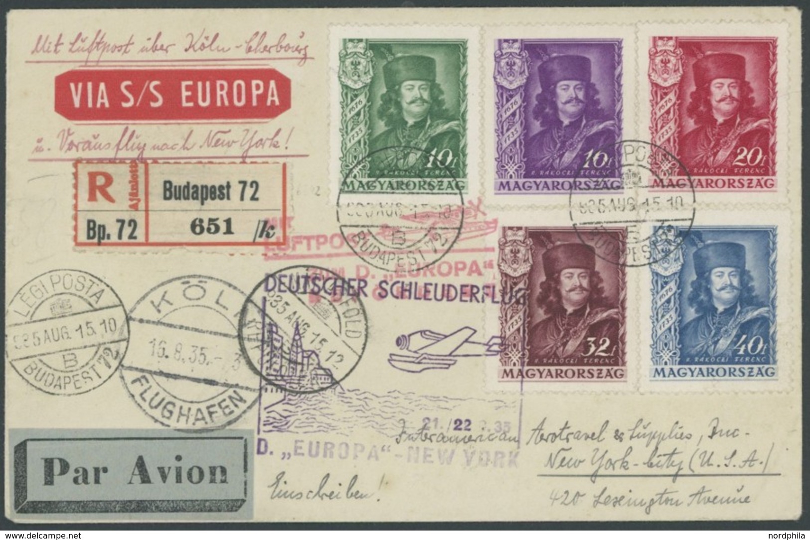 KATAPULTPOST 207Hu BRIEF, Ungarn: 21.8.1935, Europa-New York, Nachbringeflug, Prachtbrief, R!, Nur 5 Belege Befördert! - Airmail & Zeppelin