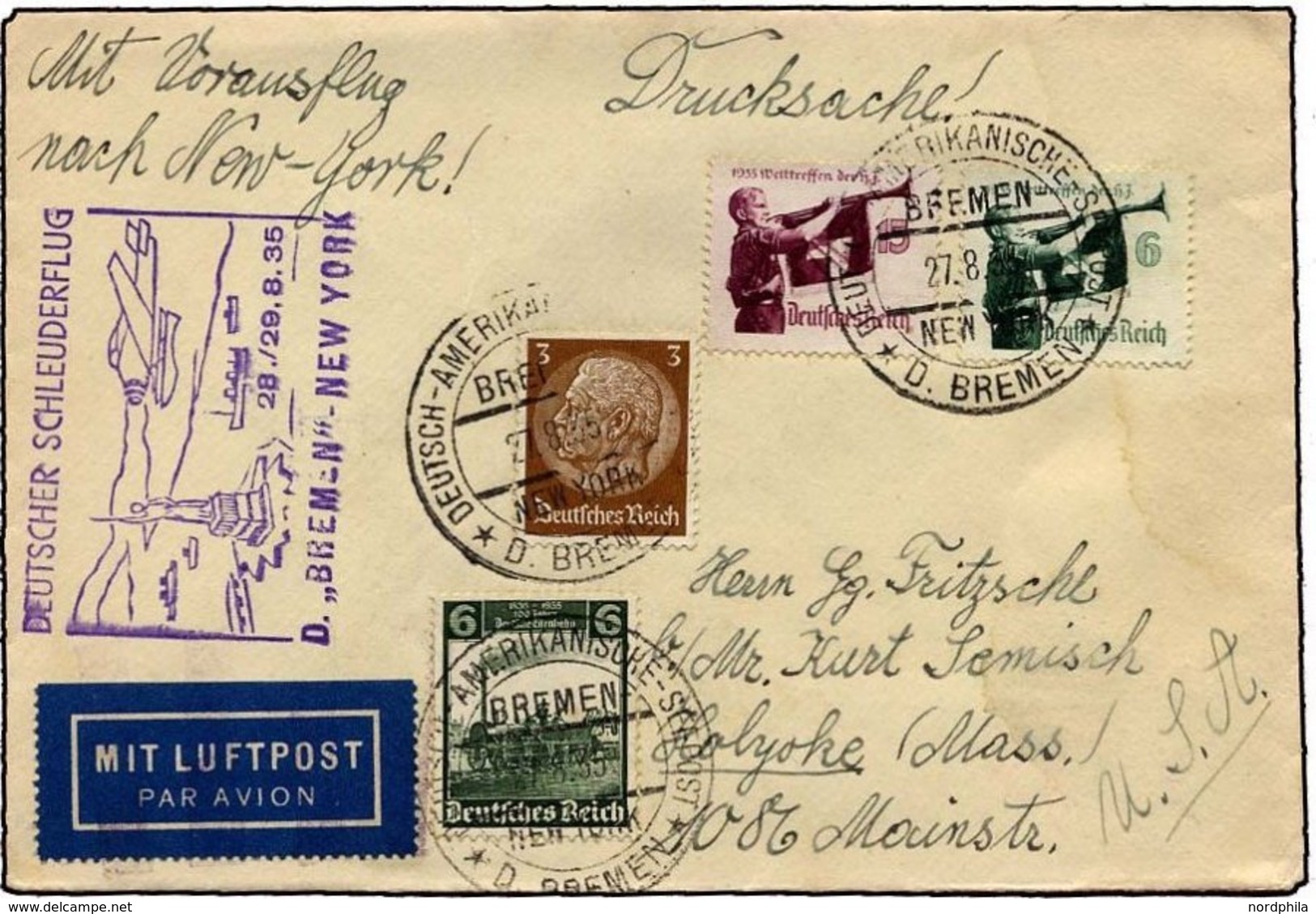 KATAPULTPOST 209b BRIEF, 29.8.1935, Bremen - New York, Seepostaufgabe, Drucksache, Pracht - Correo Aéreo & Zeppelin