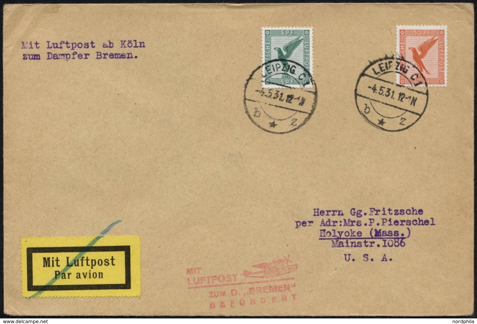 KATAPULTPOST 4.5.1931, Mit Luftpost Zum Dampfer Bremen Befördert, Luftpostdrucksache Von Leipzig In Die USA, Pracht - Airmail & Zeppelin