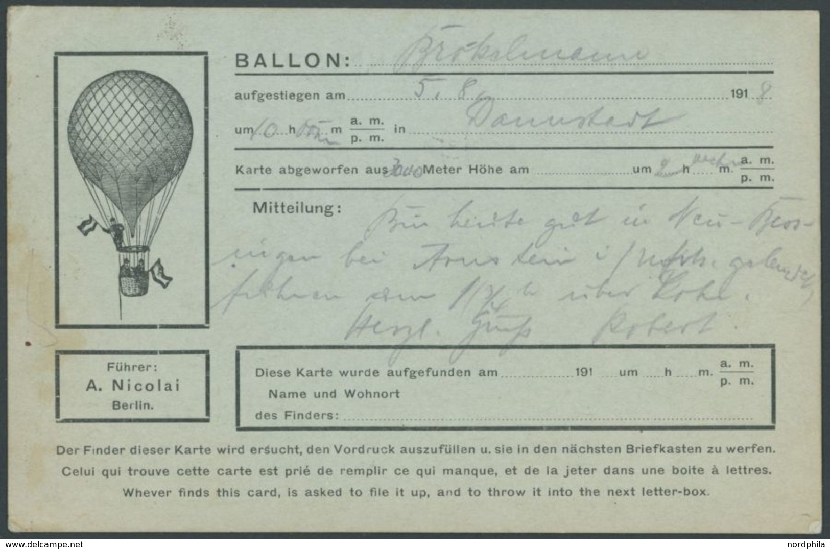 BALLON-FAHRTEN 1897-1916 8.5.1918, Berliner Verein Für Luftschifffahrt, Abwurf Vom Ballon BRÖCKELMANN, Feldpostkarte Ab  - Montgolfier