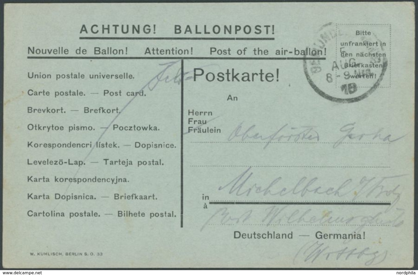 BALLON-FAHRTEN 1897-1916 8.5.1918, Berliner Verein Für Luftschifffahrt, Abwurf Vom Ballon BRÖCKELMANN, Feldpostkarte Ab  - Montgolfier