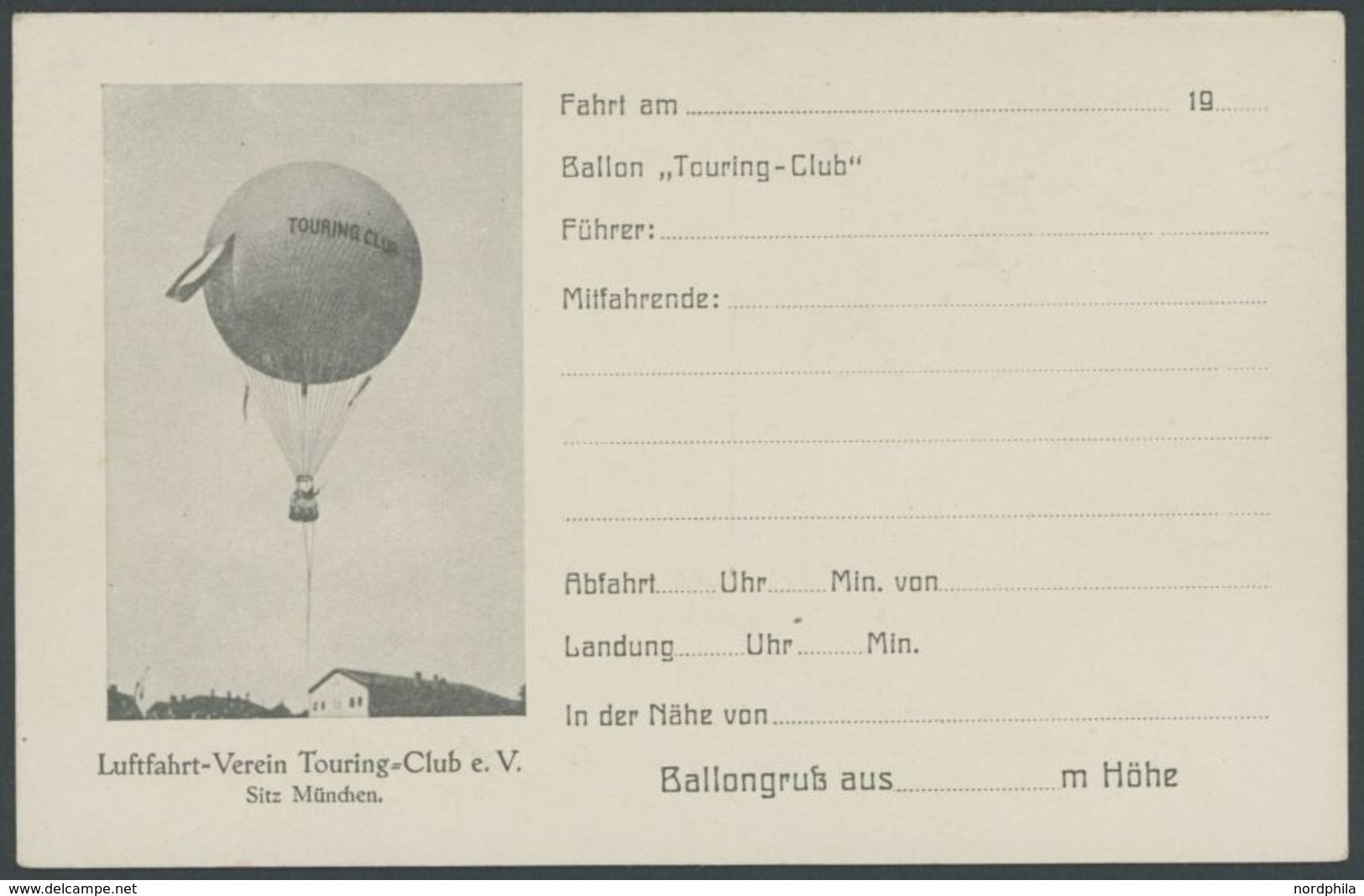 BALLON-FAHRTEN 1897-1916 1912/14, Luftfahrt-Verein Touring Clube.V., Ballongruß-Vordruckkarte, Ungebraucht, Pracht - Montgolfier