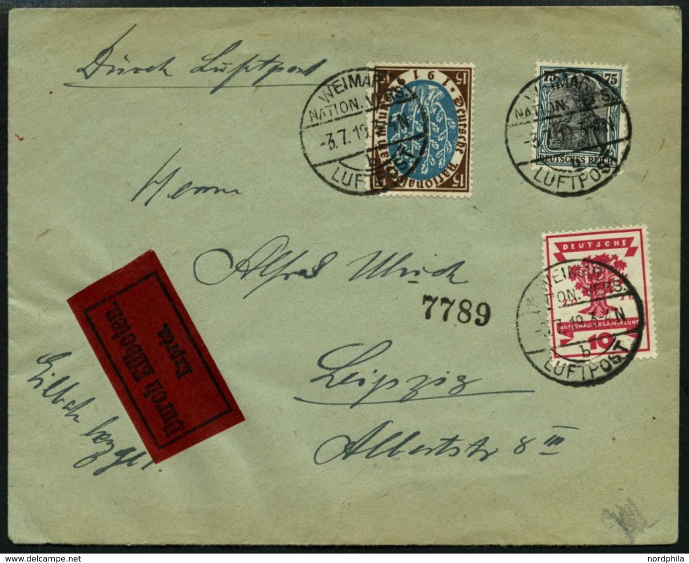 SPÄTERE FLÜGE (SPF) 19.2.03 BRIEF, 3.7.1919, Weimar-Leipzig Mit Luftpoststempel WEIMAR NATION.VERS. B Auf Kleinem Eilbri - Airplanes