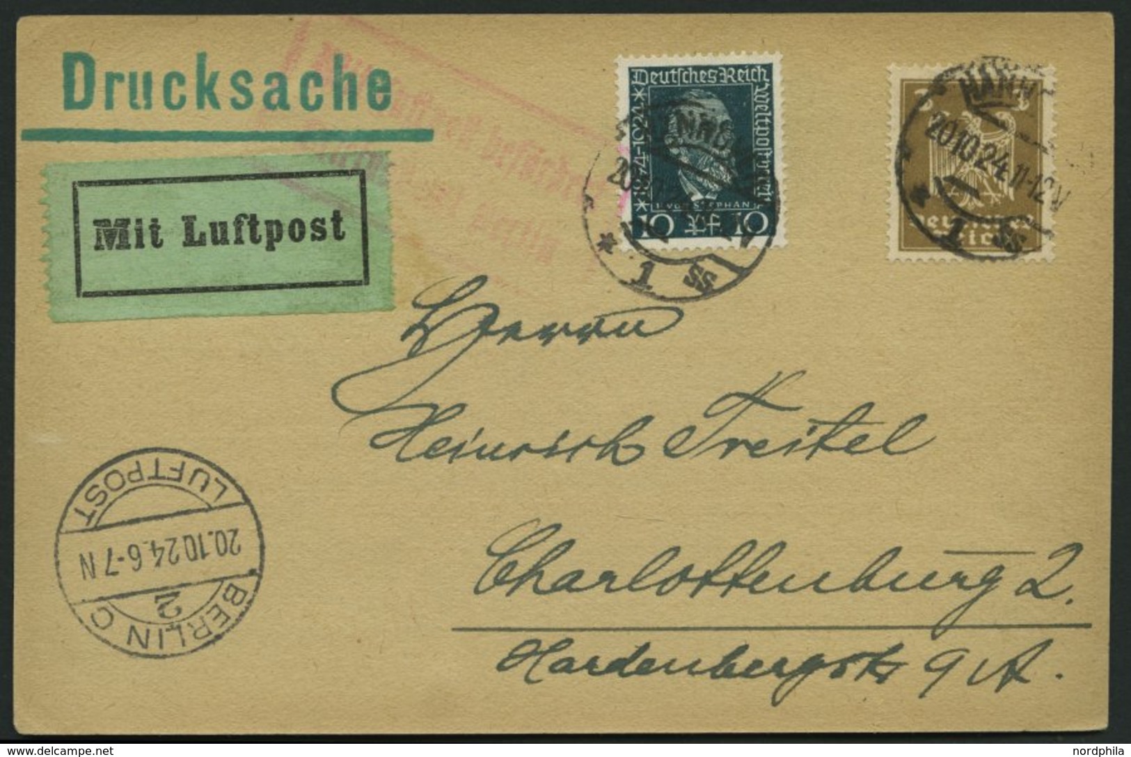 LUFTPOSTBESTÄTIGUNGSSTPL 9-01a BRIEF, BERLIN, Briefpostamt, R2 In Rot, Drucksache Von HANNOVER Nach Charlottenburg, Prac - Airmail & Zeppelin