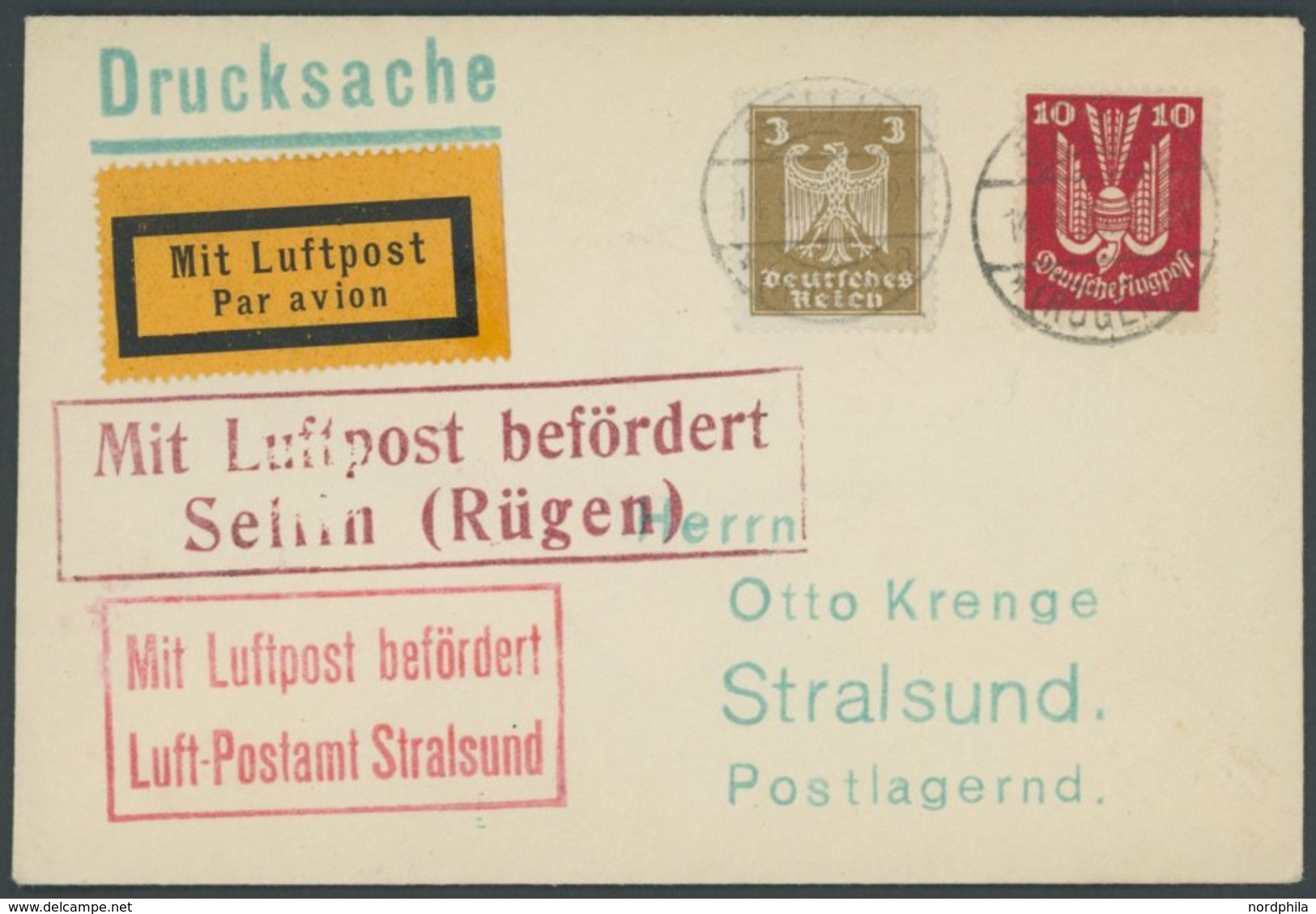 LUFTPOSTBESTÄTIGUNGSSTPL 98-01a,94-01 BRIEF, STRALSUND In Rot Und SELLIN, Drucksache Von SELLIN Nach Stralsund, Prachtbr - Airmail & Zeppelin