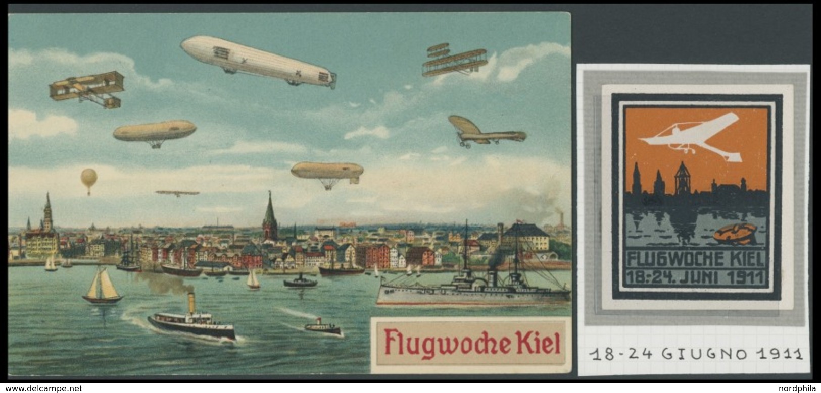 ALTE ANSICHTSKARTEN 1911, Flugwoche Kiel, Farbige Ansichtskarte (Serien-Nr. 3) Sowie Ereignis-Vignette, Pracht - Other & Unclassified