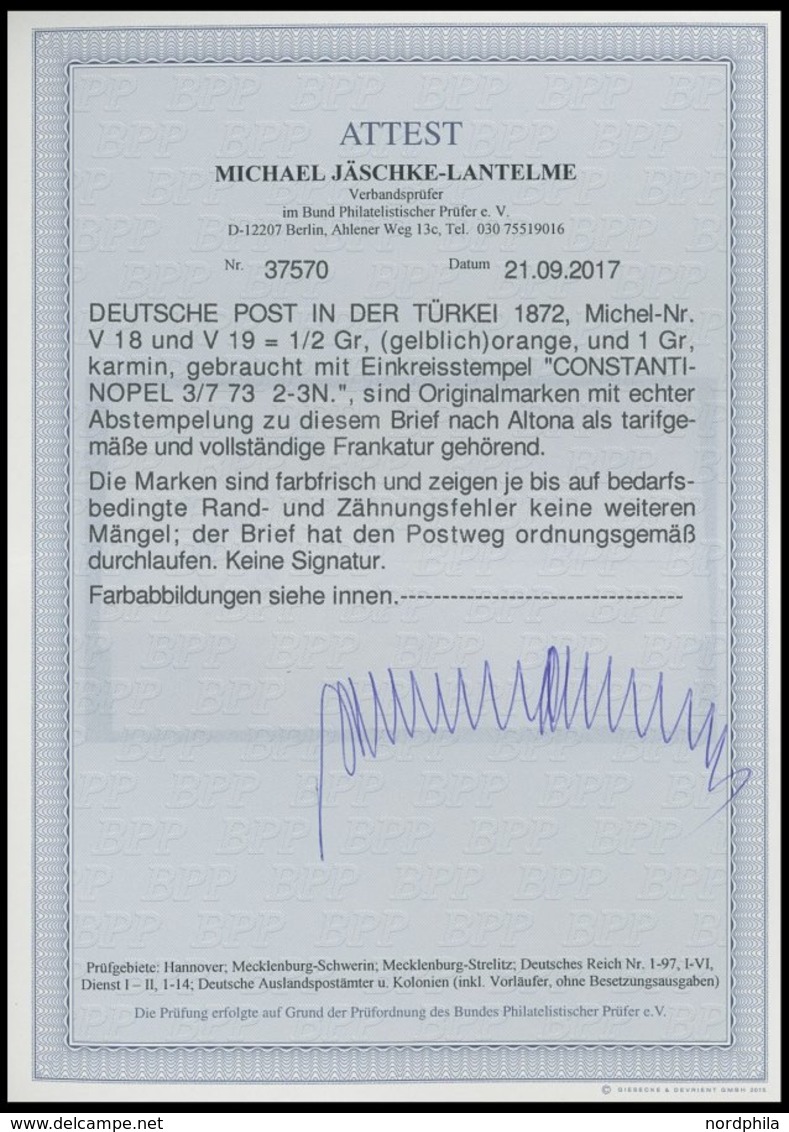 DP TÜRKEI V 18,19 BRIEF, 3.7.1873, 1/2 Gr. (3x) Und 1 Gr. Großer Brustschild Auf Brief über VARNA-DONAU Nach Altona, Mar - Turkey (offices)